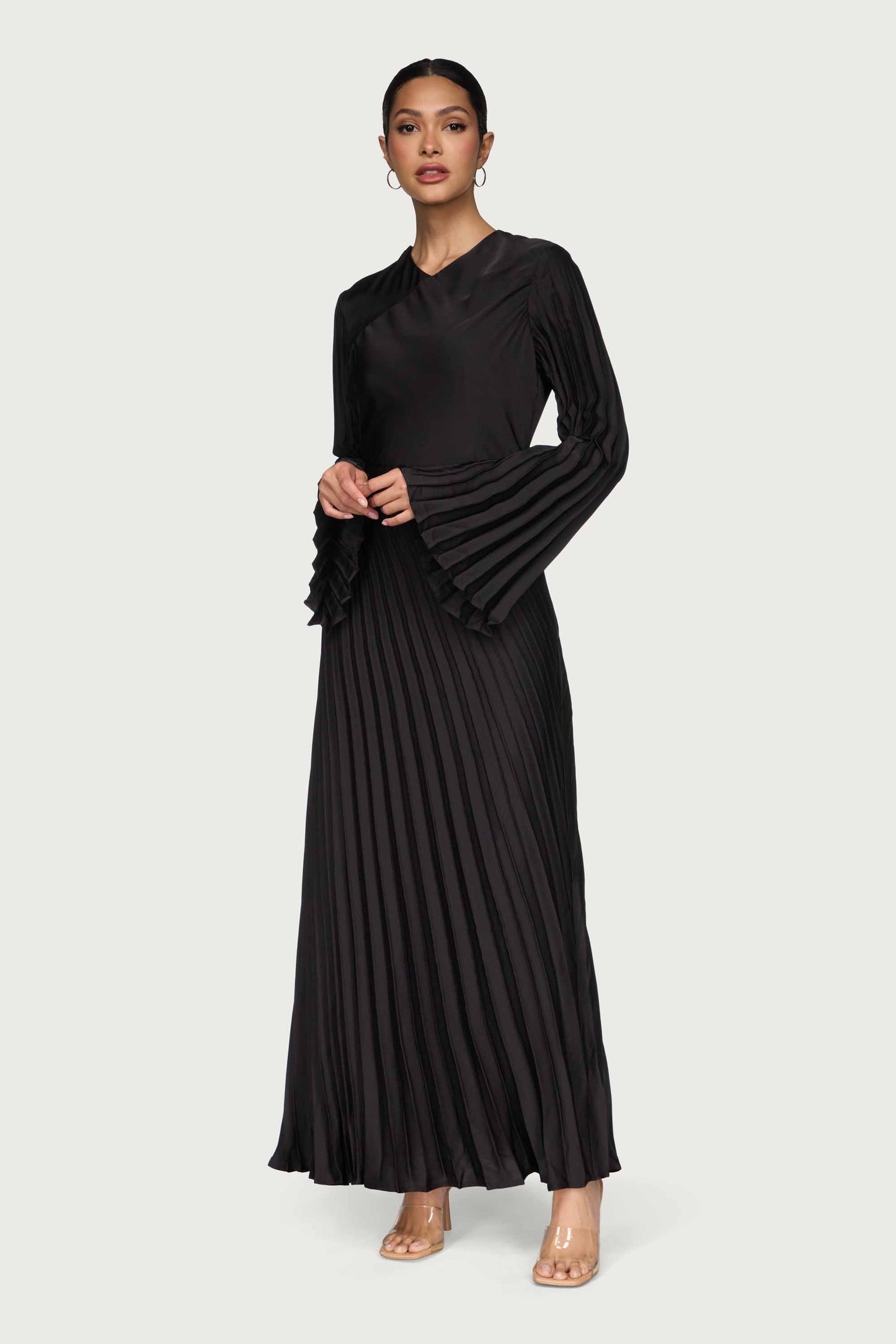 Asymmetric Pleated Maxi Dress - Black