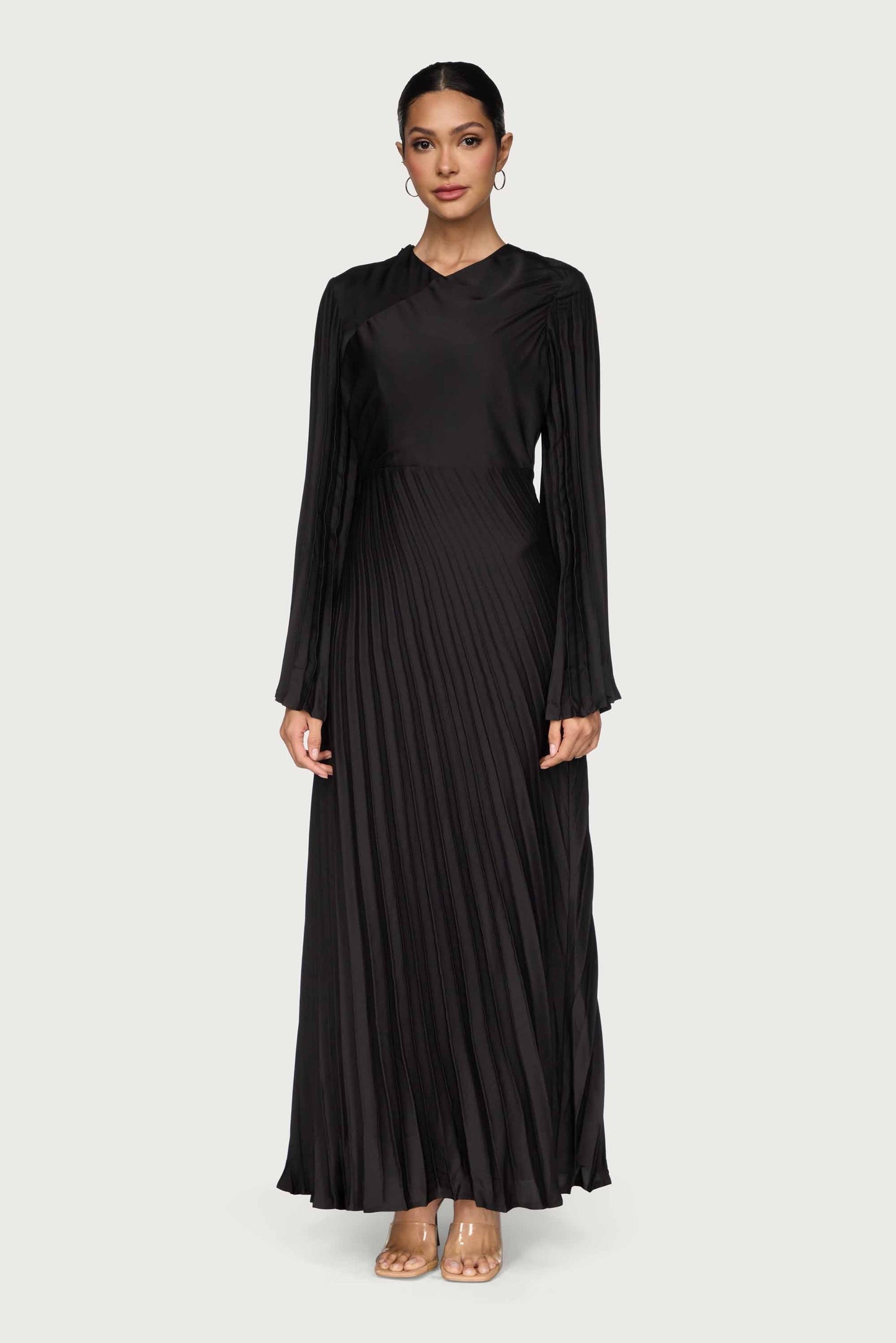 Asymmetric Pleated Maxi Dress - Black