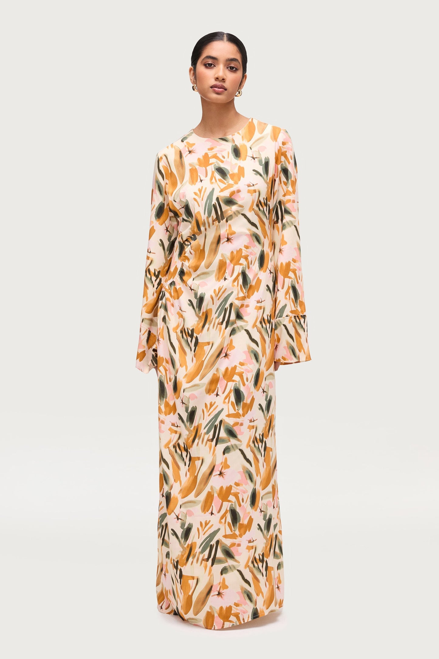 Cotton Linen Asymmetric Maxi Dress - Sunset Watercolor