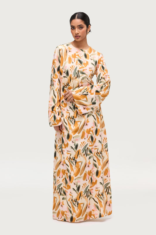 Cotton Linen Asymmetric Maxi Dress - Sunset Watercolor