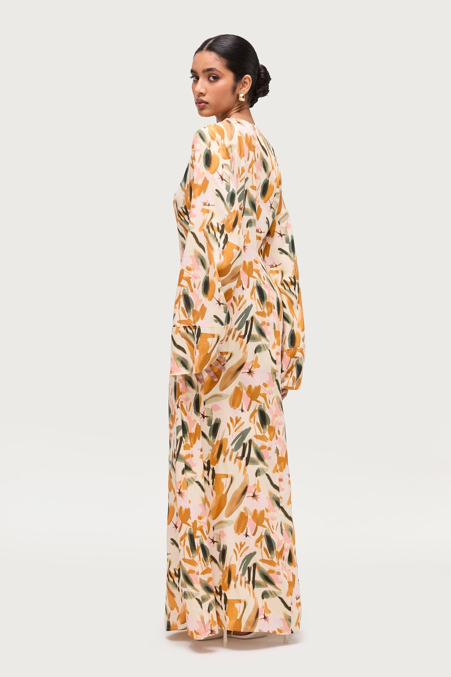 Cotton Linen Asymmetric Maxi Dress - Sunset Watercolor