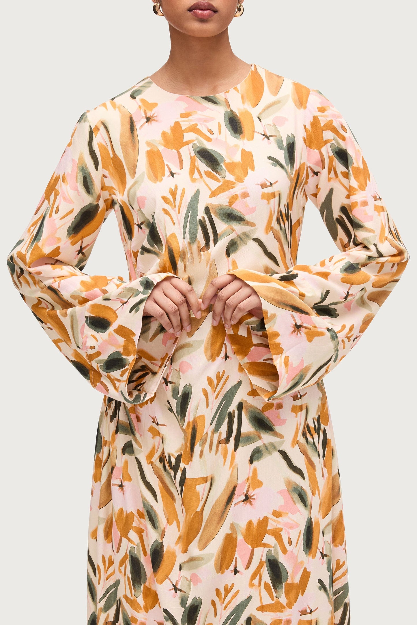 Cotton Linen Asymmetric Maxi Dress - Sunset Watercolor