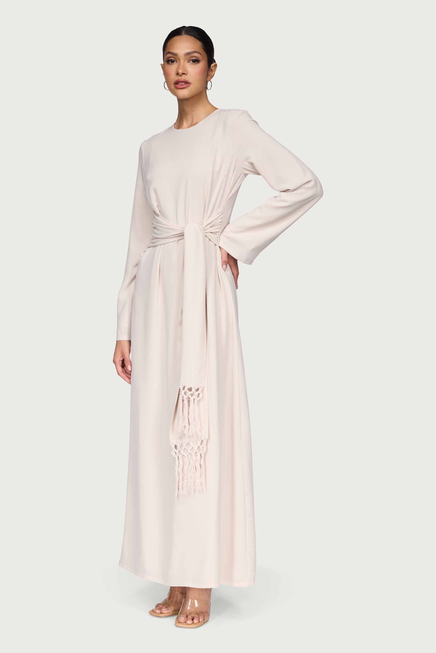 Dunya Tie Waist Tassel Maxi Dress - Stone