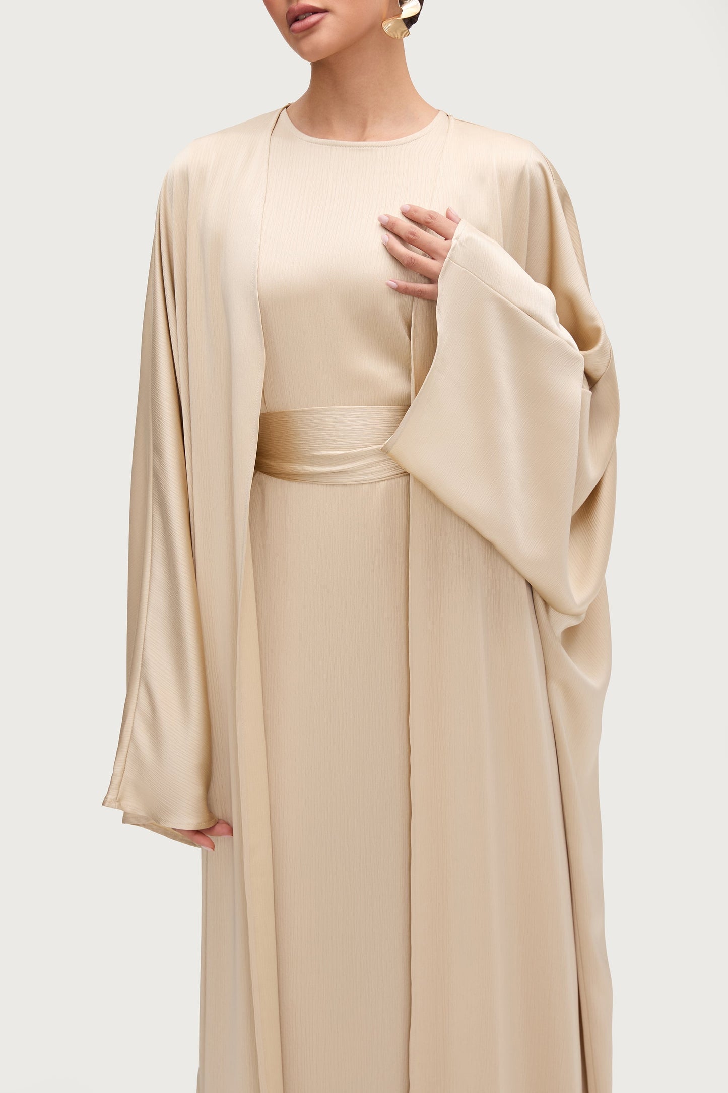 Ghada Satin Open Abaya & Dress Set - Golden Sand