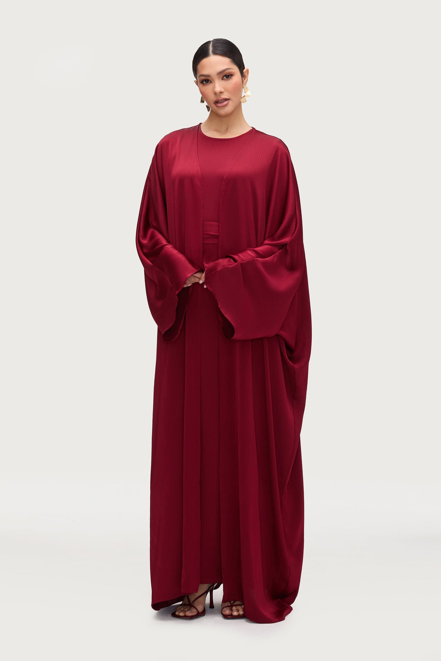 Ghada Satin Open Abaya & Dress Set - Karaz