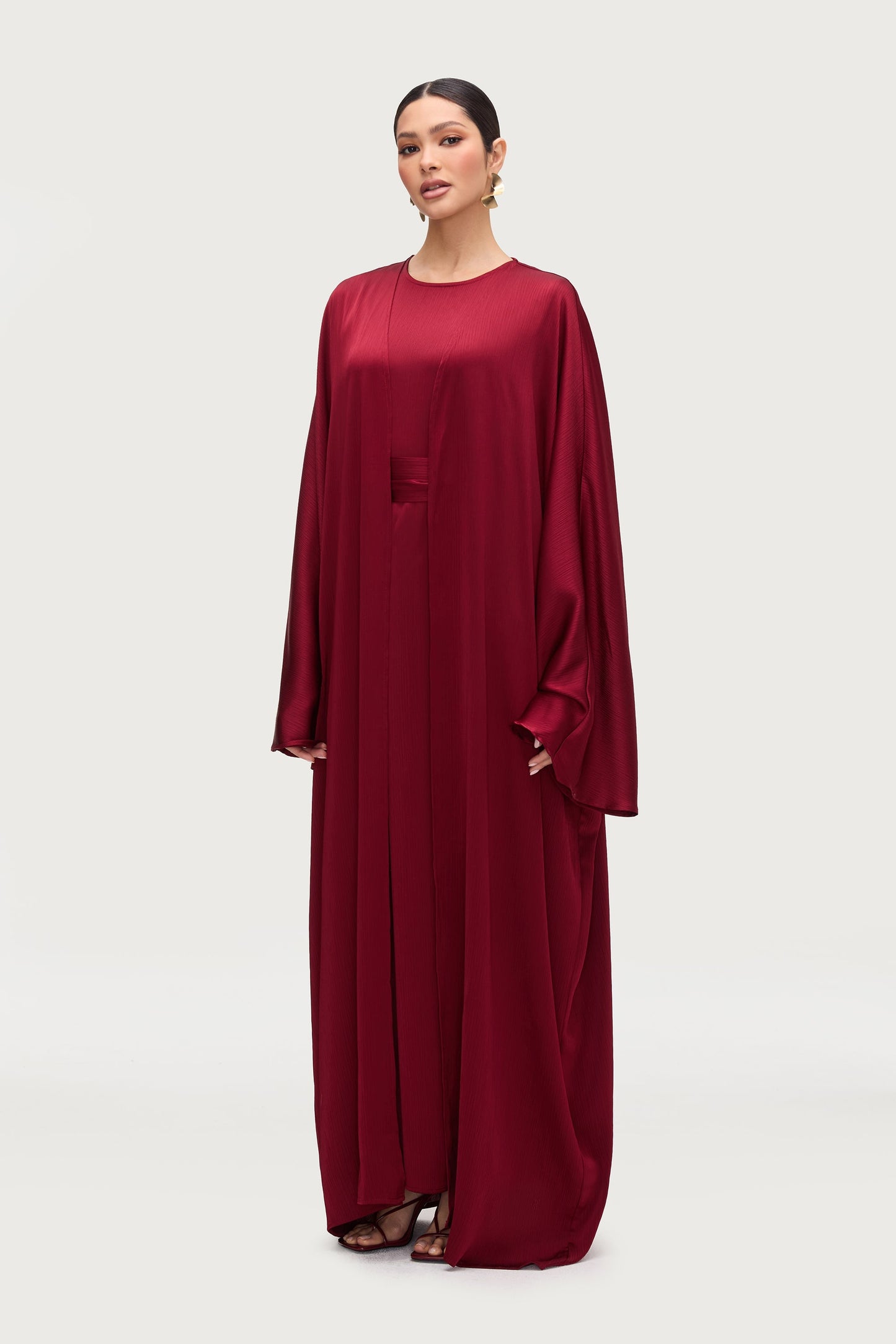 Ghada Satin Open Abaya & Dress Set - Karaz