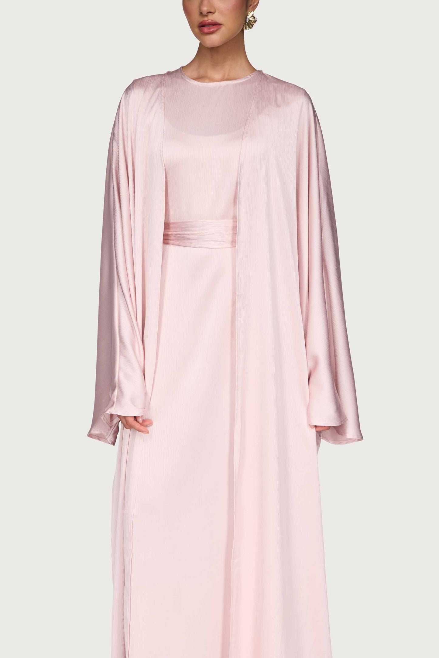 Ghada Satin Open Abaya & Dress Set - Pastel Pink