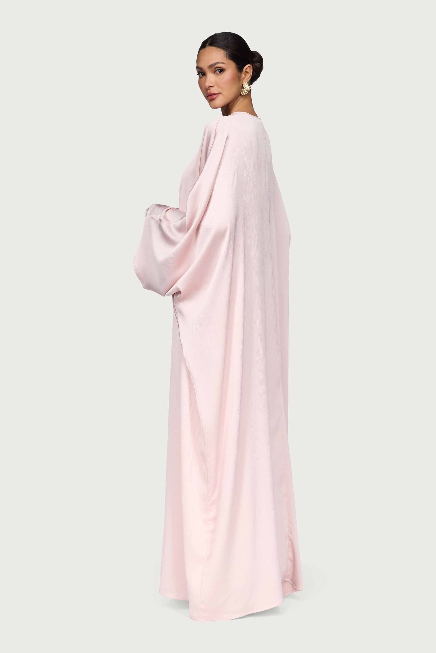 Ghada Satin Open Abaya & Dress Set - Pastel Pink