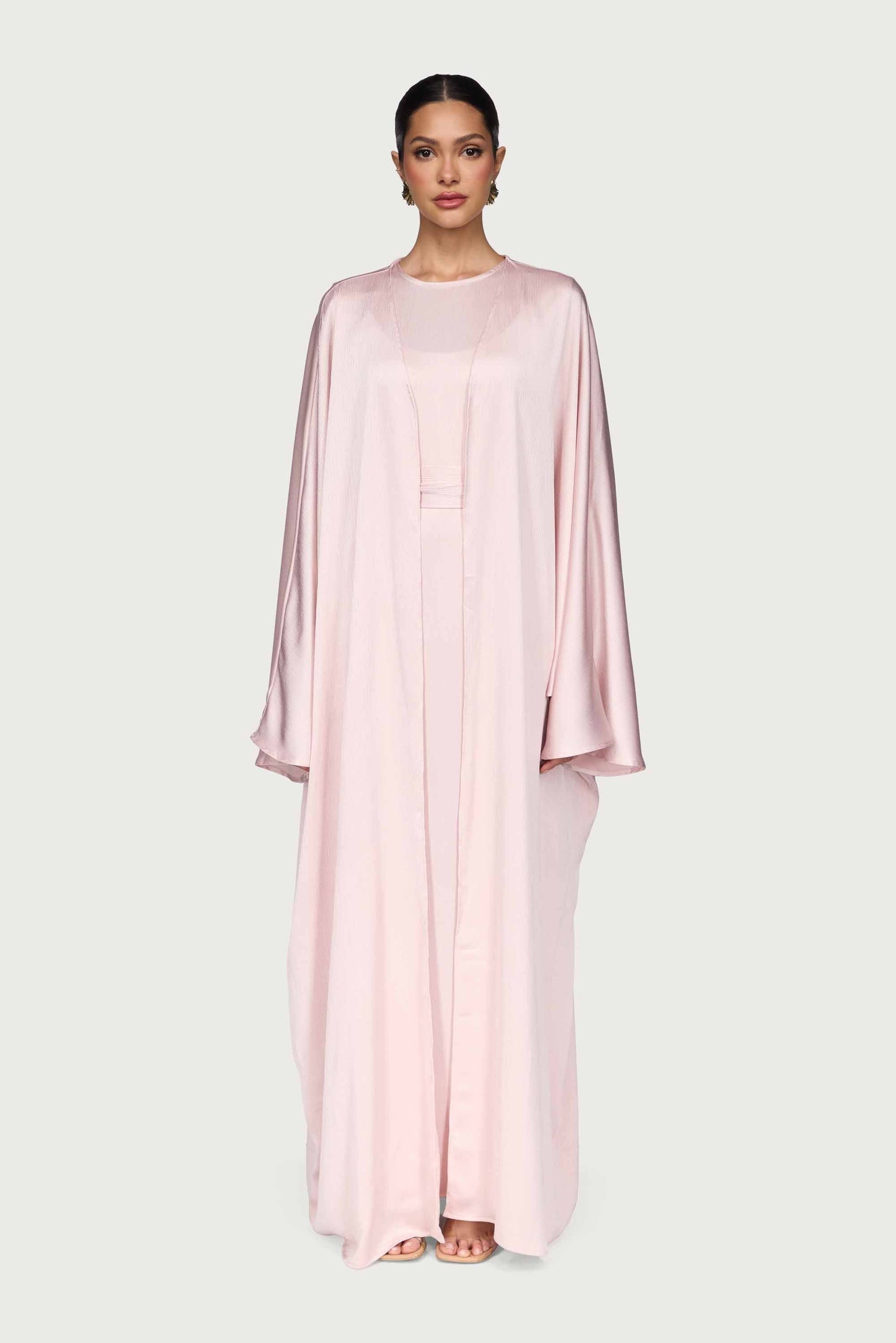 Ghada Satin Open Abaya & Dress Set - Pastel Pink
