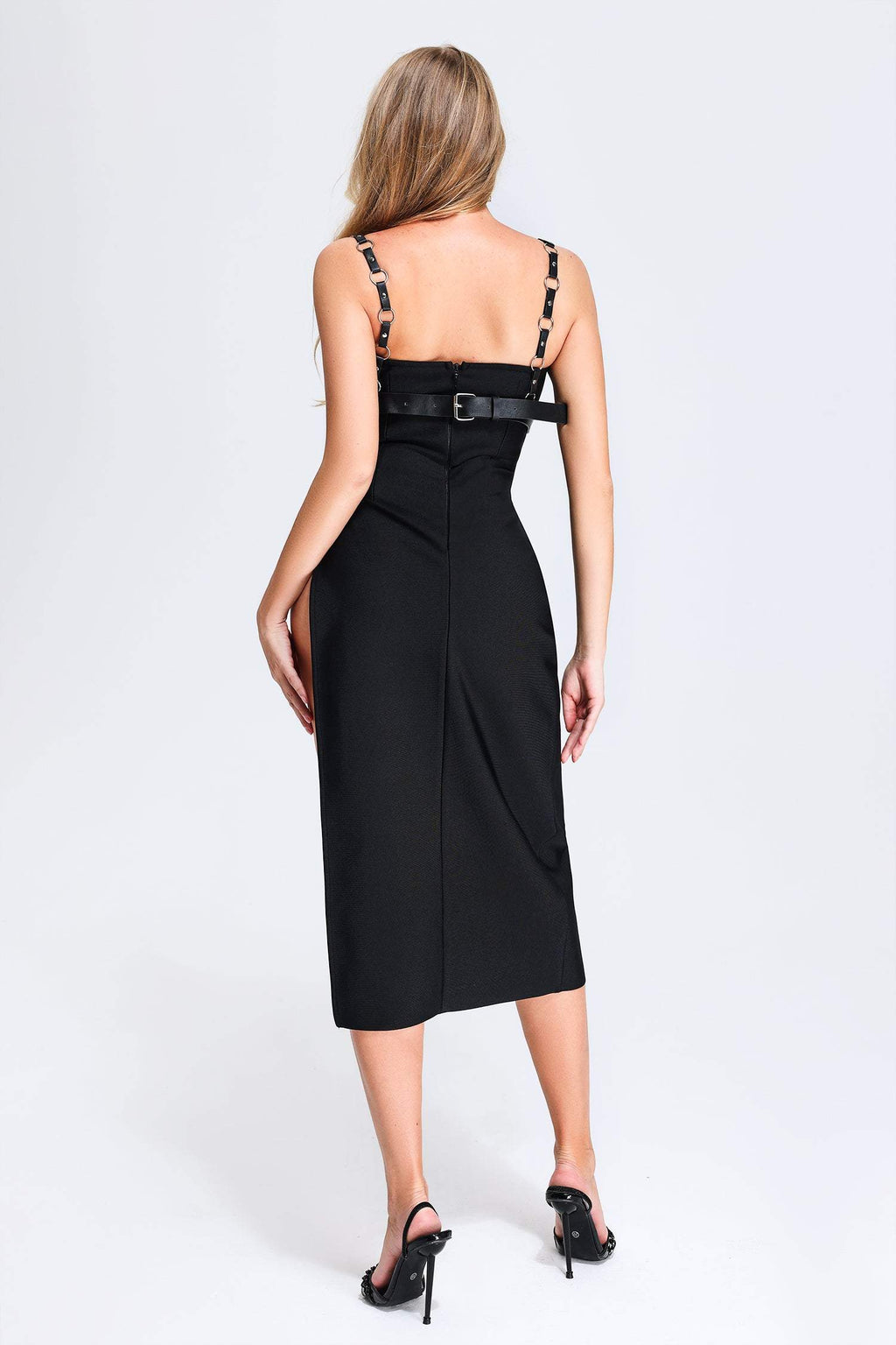 Cherrie Leather Weaved Top & High Slit  Bandage Midi Dress	