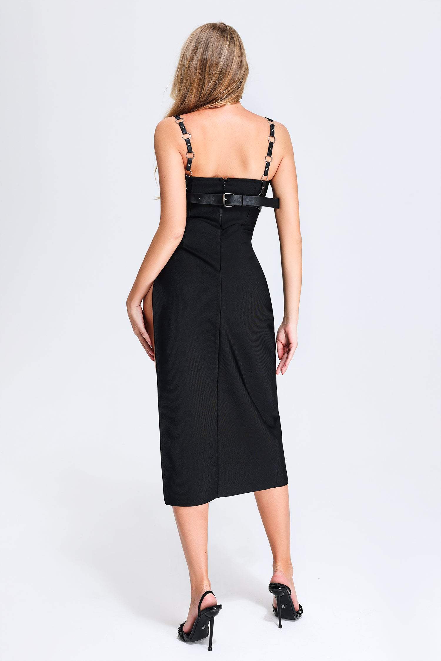 Cherrie Leather Weaved Top & High Slit  Bandage Midi Dress	