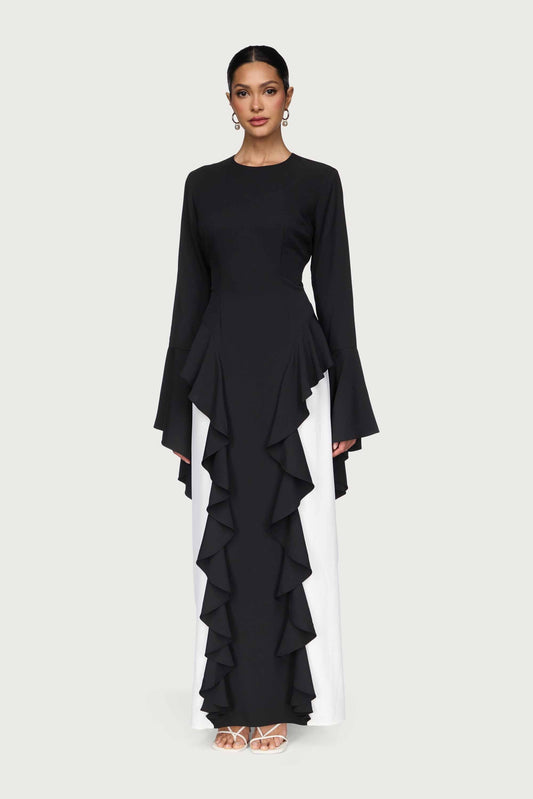 Leen Contrast Ruffle Maxi Dress - Black