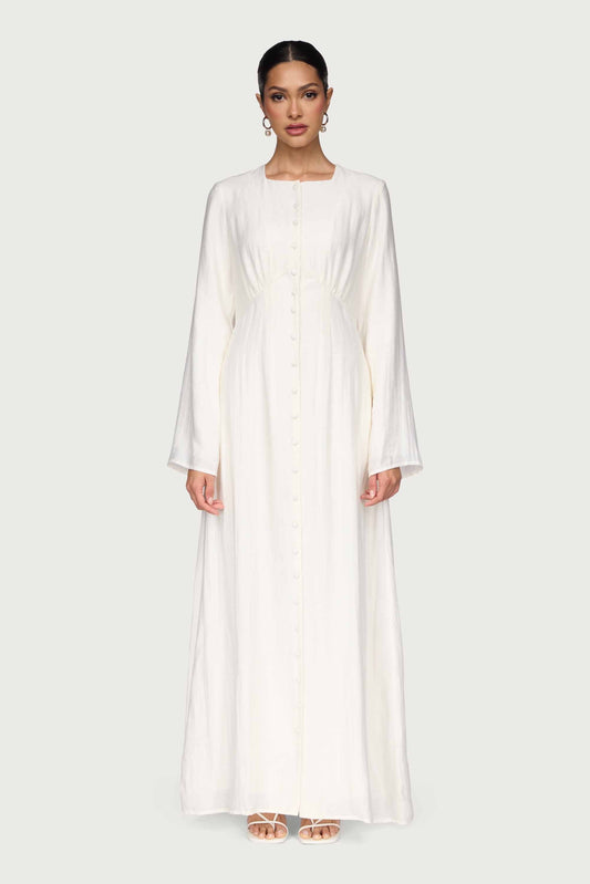 Linen Blend Button Front Maxi Dress - Off White