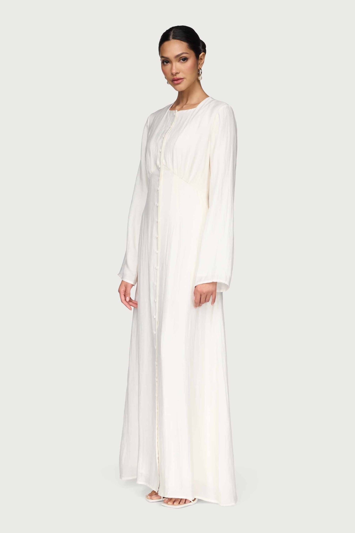 Linen Blend Button Front Maxi Dress - Off White