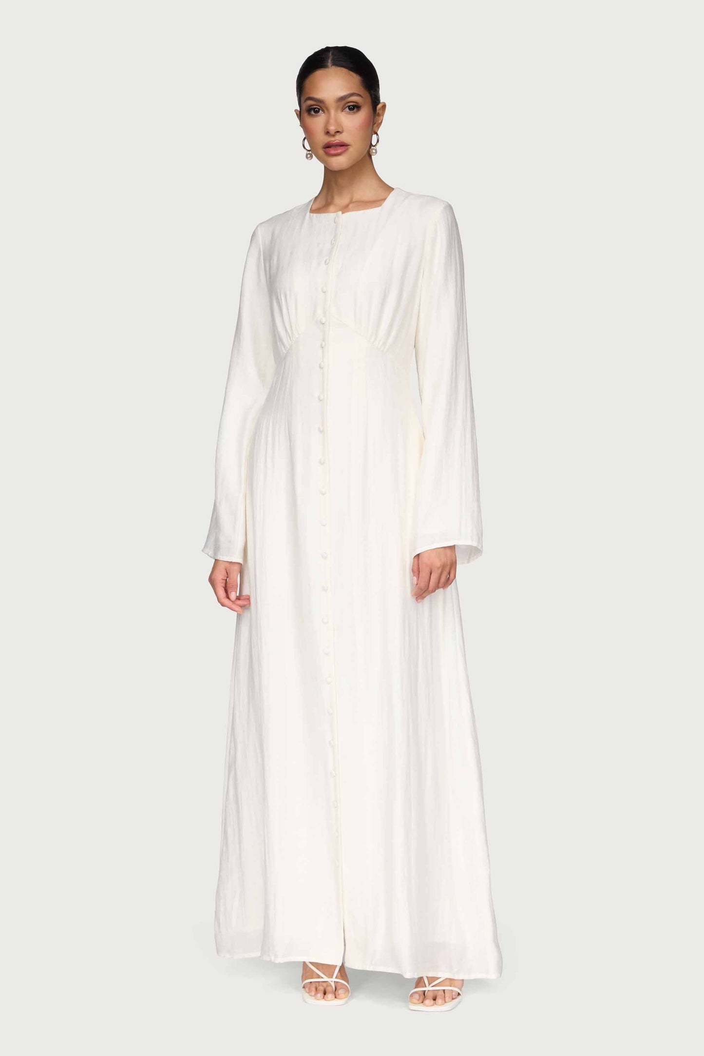 Linen Blend Button Front Maxi Dress - Off White
