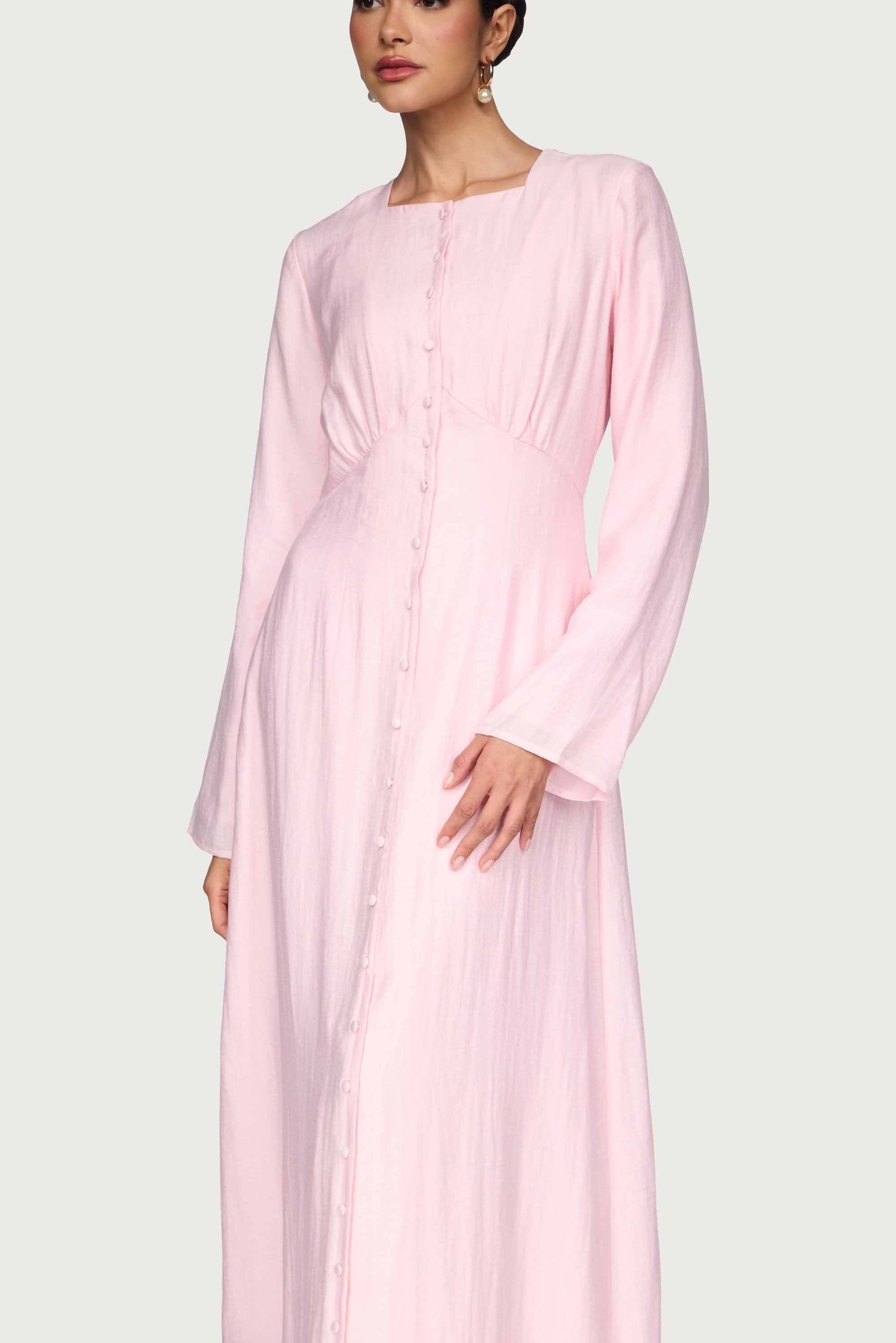 Linen Blend Button Front Maxi Dress - Pastel Pink