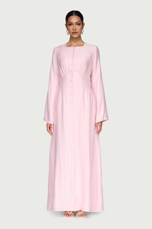 Linen Blend Button Front Maxi Dress - Pastel Pink