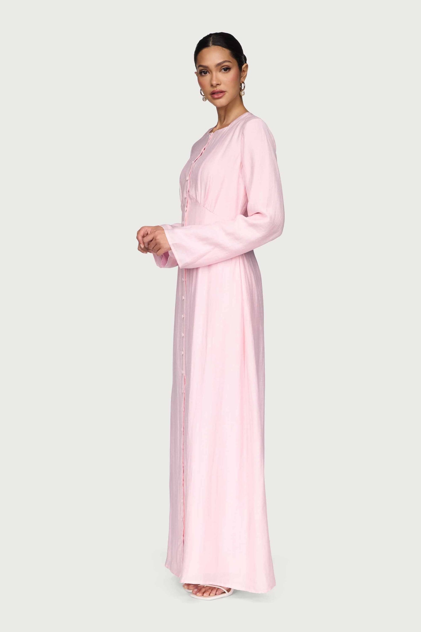 Linen Blend Button Front Maxi Dress - Pastel Pink