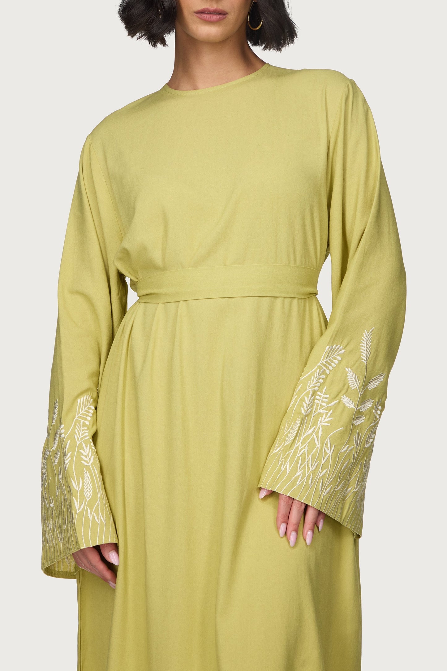 Linen Embroidered Maxi Dress - Citron