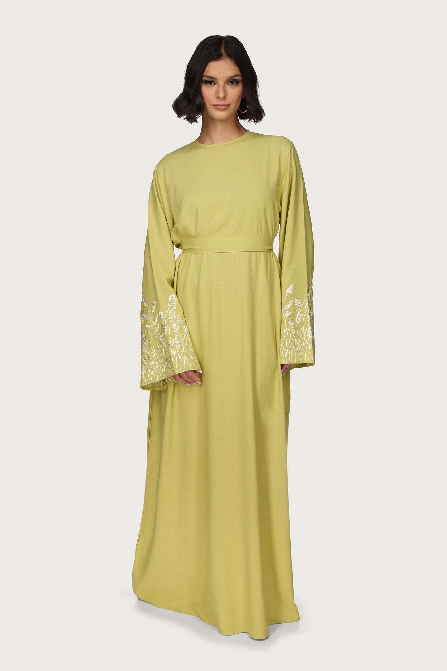 Linen Embroidered Maxi Dress - Citron