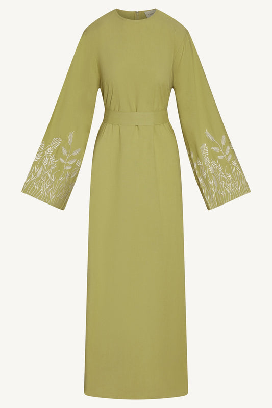 Linen Embroidered Maxi Dress - Citron