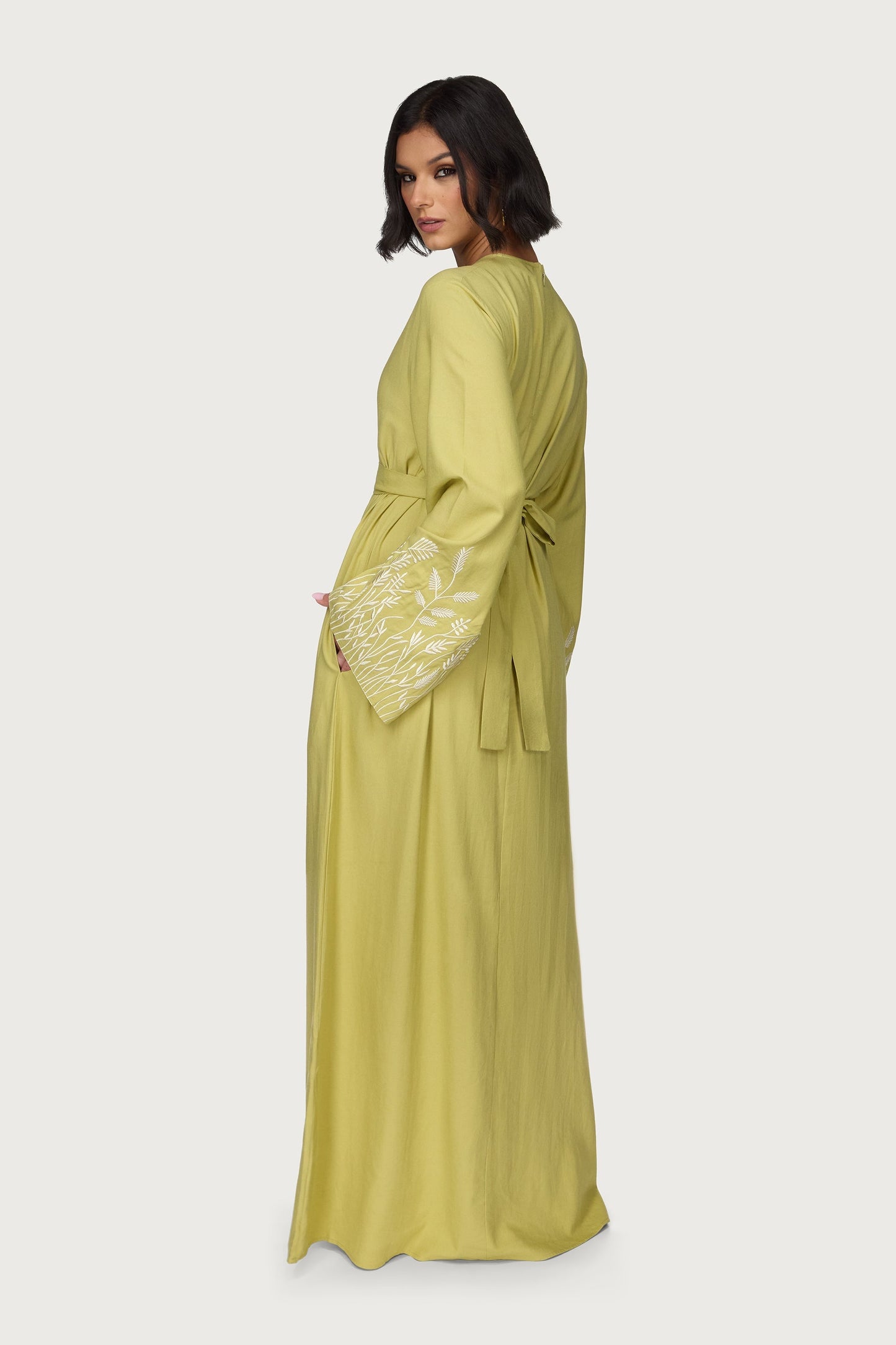 Linen Embroidered Maxi Dress - Citron
