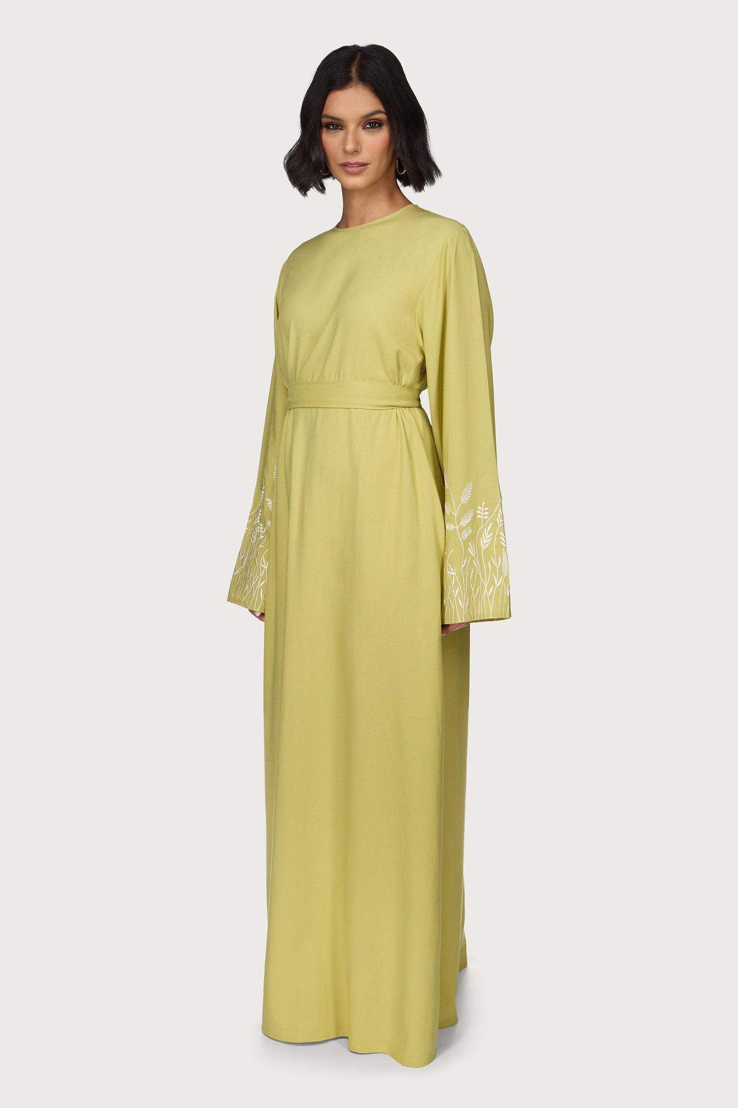Linen Embroidered Maxi Dress - Citron