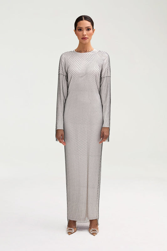 Naila Satin Crystal Maxi Dress - White