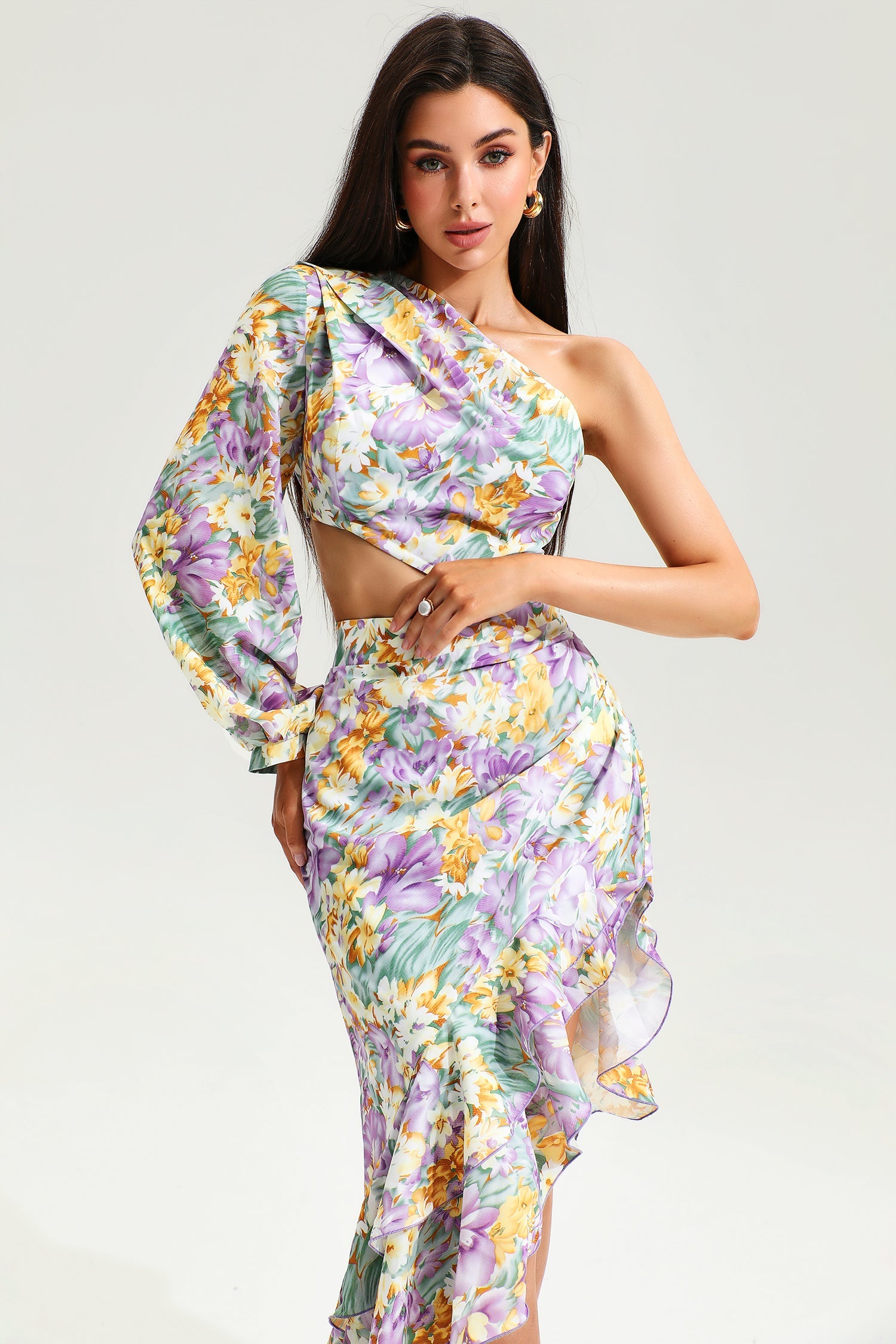 Floral Slanted Shoulder Long Sleeve Ruffle Irregular Maxi Dress	