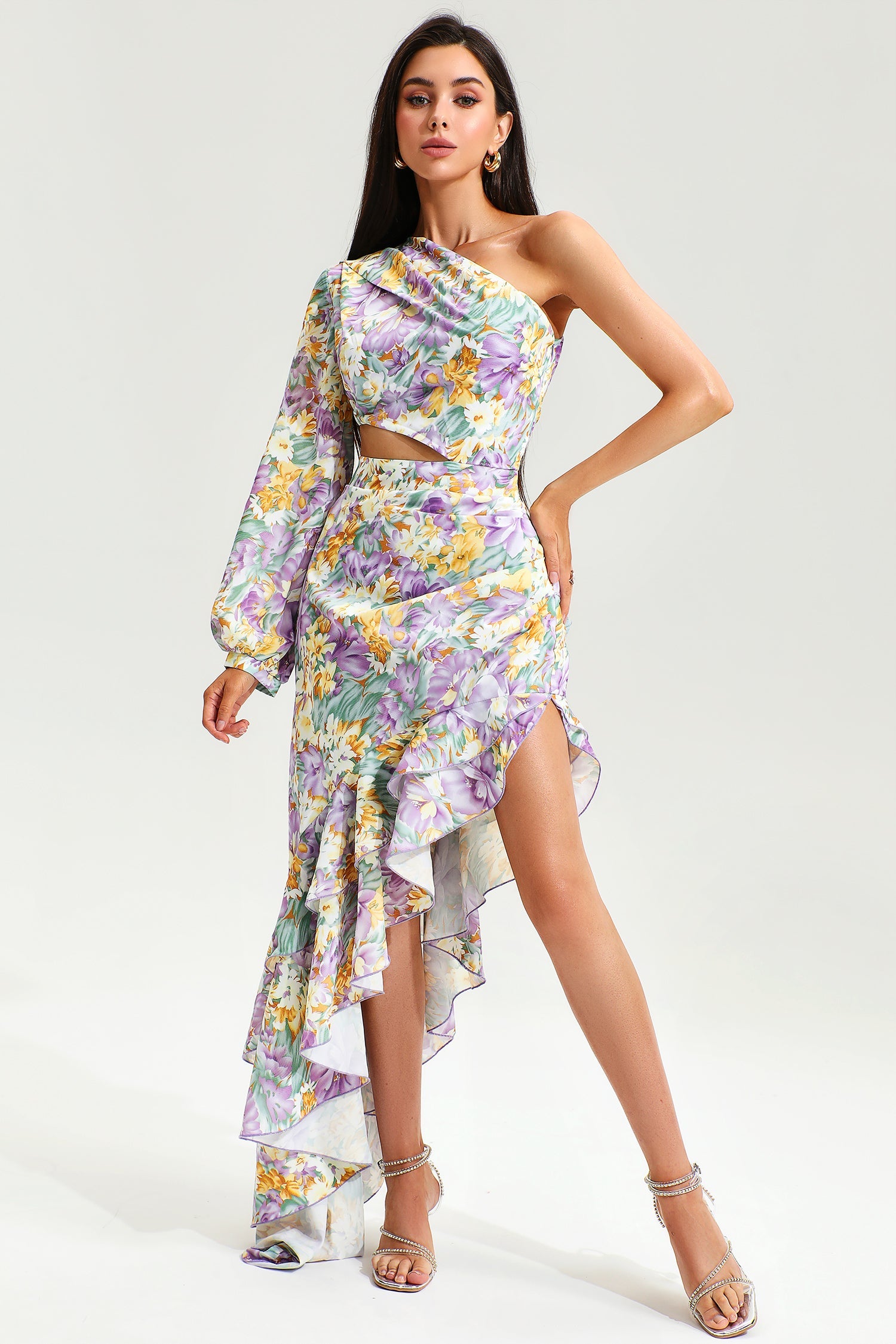 Floral Slanted Shoulder Long Sleeve Ruffle Irregular Maxi Dress	