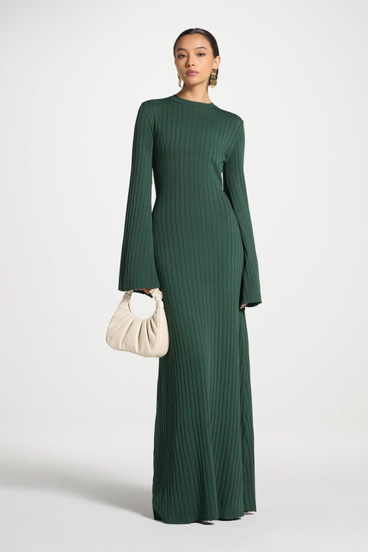 Ribbed Knit Maxi Dress - Forest Green