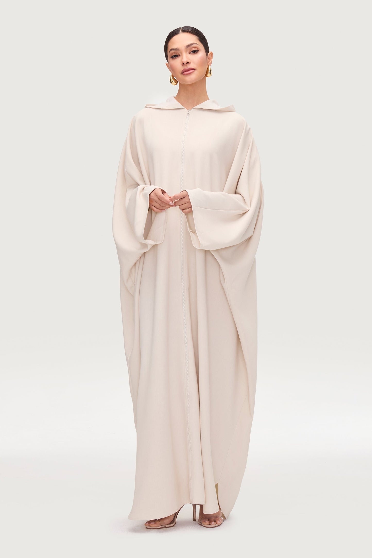 Saria Hooded Zip Front Kaftan Dress - Cloud