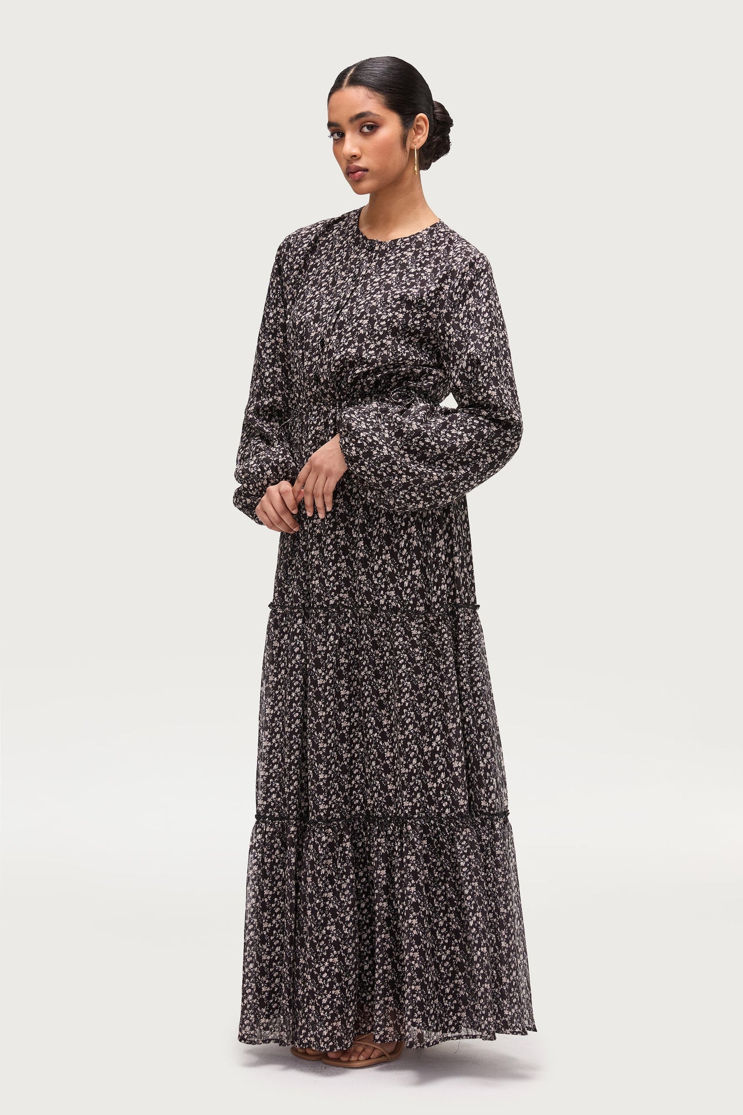 Tiered Flowy Button Down Maxi Dress - Black Floral