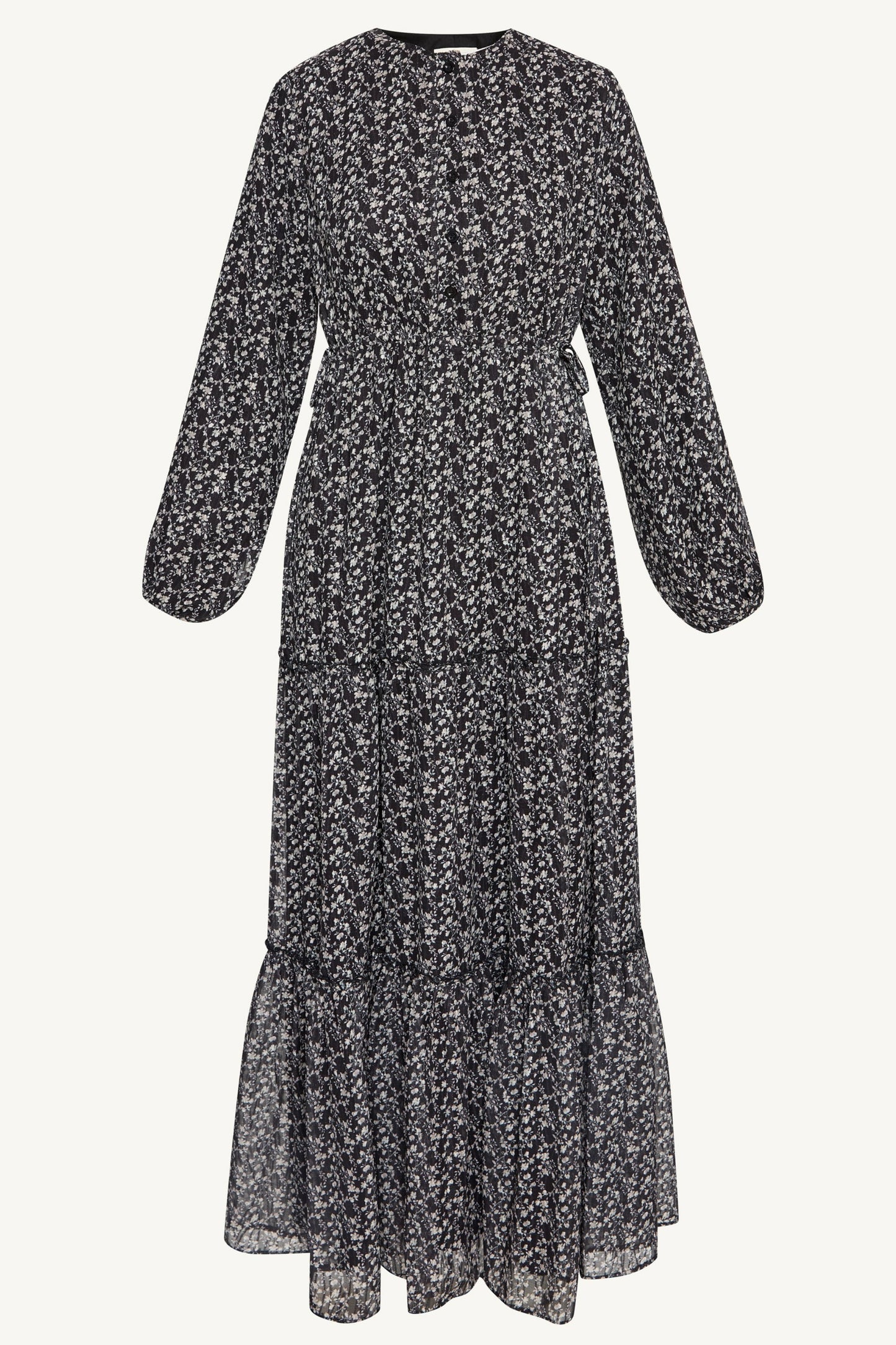 Tiered Flowy Button Down Maxi Dress - Black Floral