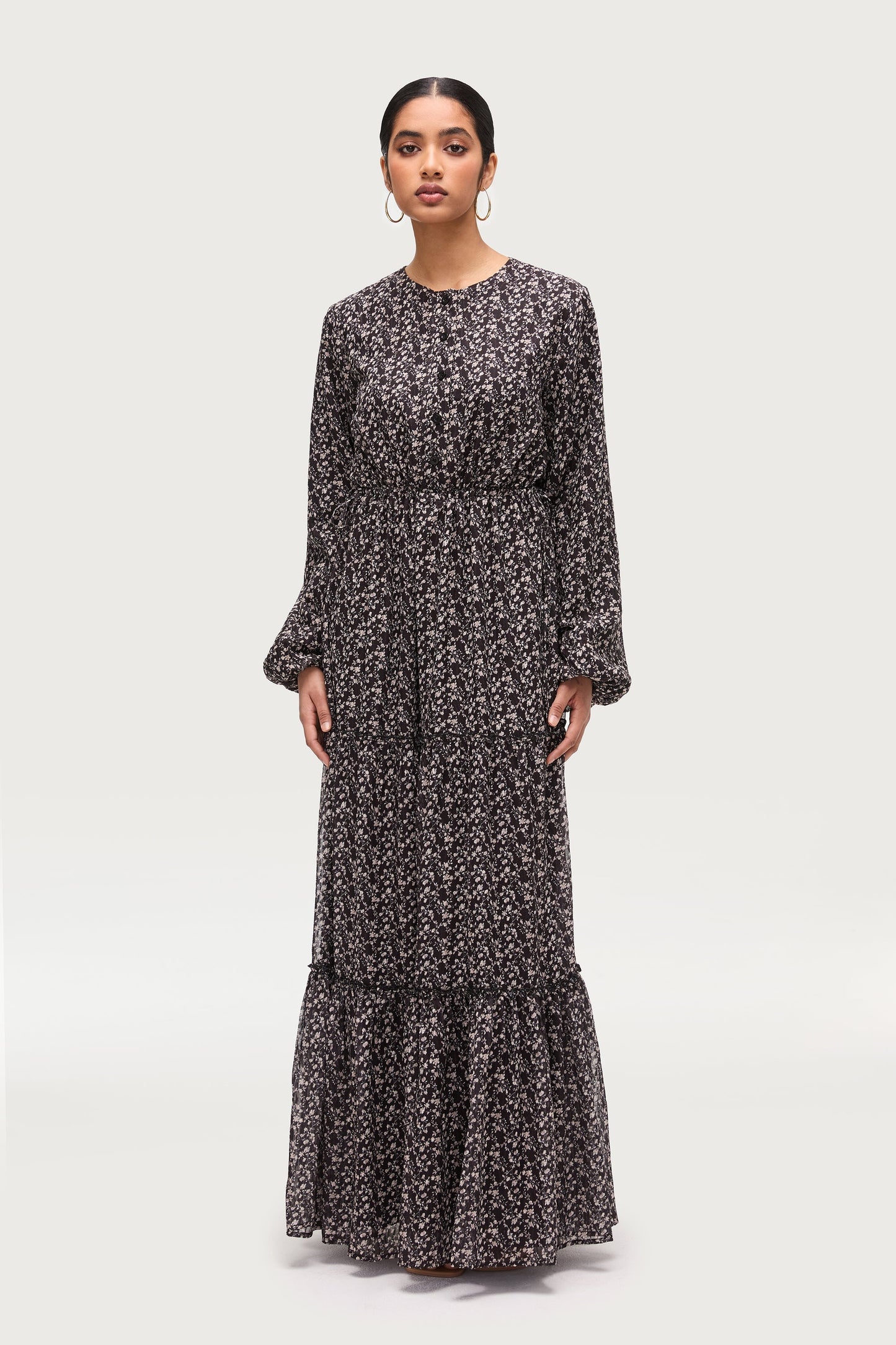 Tiered Flowy Button Down Maxi Dress - Black Floral