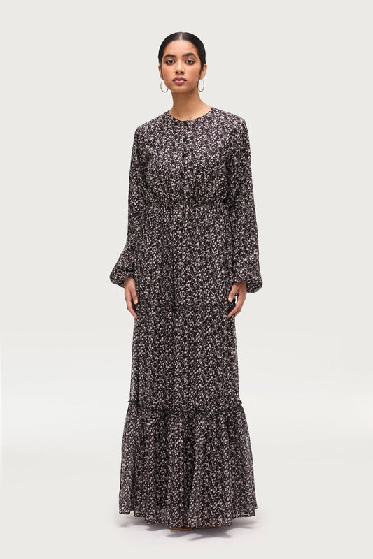 Tiered Flowy Button Down Maxi Dress - Black Floral